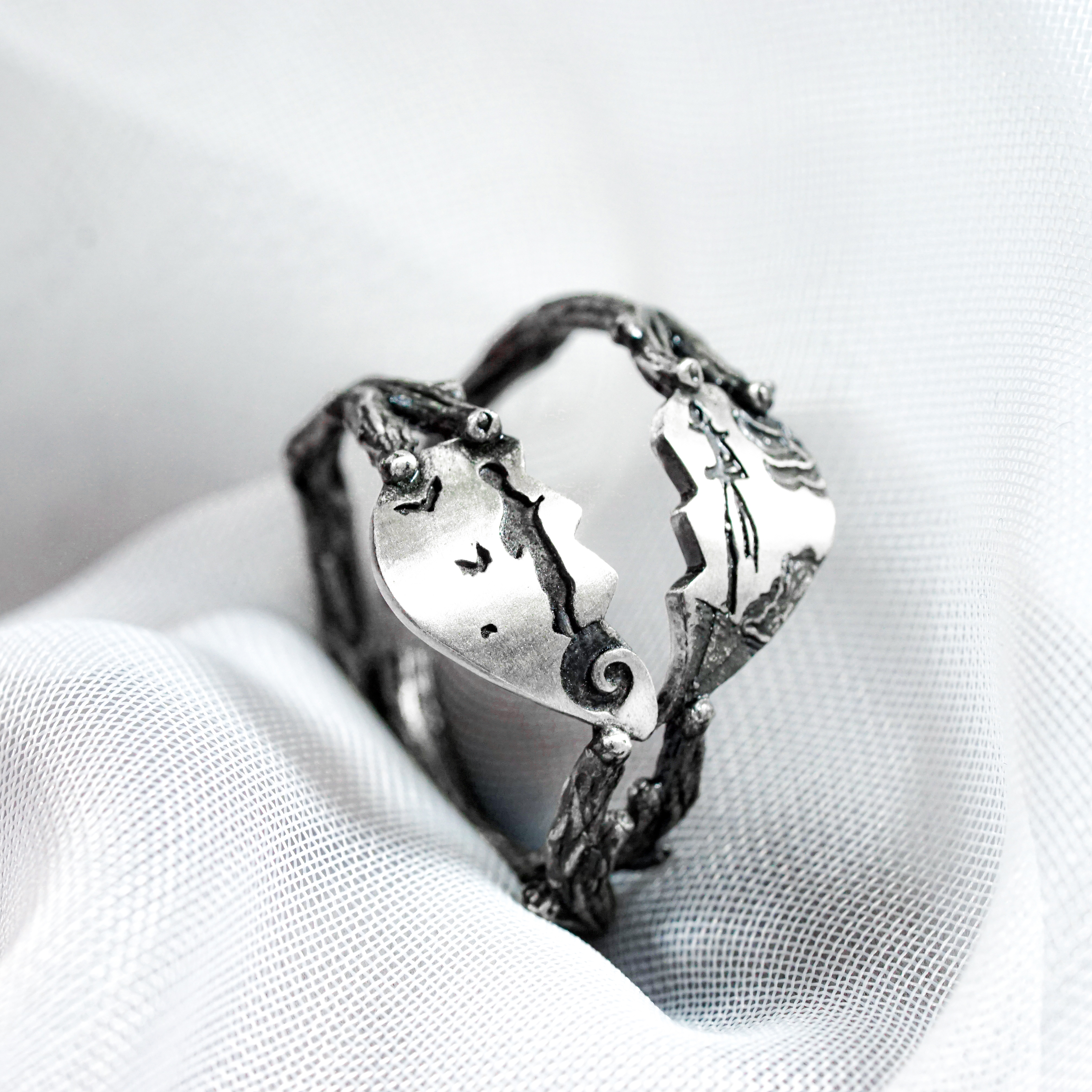 Custom Name Couple Ring Jack Skellington and Sally Handmade Silver 950